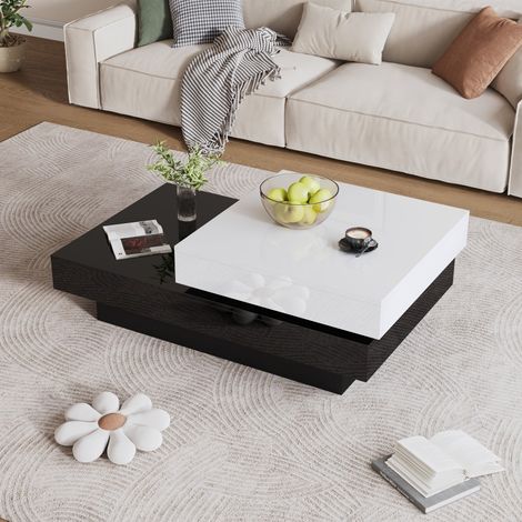 Table basse pivotante noir/blanc - finition brillante et structure double couche, design moderne pour salon/appartement (1/5)