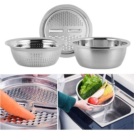 Mixing Bowl - Stainless Steel 3-in-1 Sieve Vegetable Cutter - For Washing Draining And Chopping Fruits Vegetables - 1 Piece (1/5)