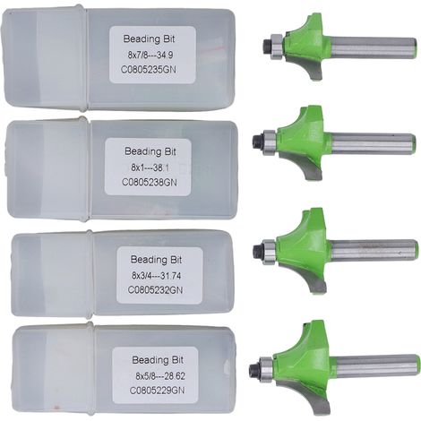 Satz mit 4 Fasenfräsern mit 8-mm-Schaft, Radien von 5/8", 3/4", 7/8" und 1", hoher Härte, zum Abrunden von Ecken und Formen von Kanten.