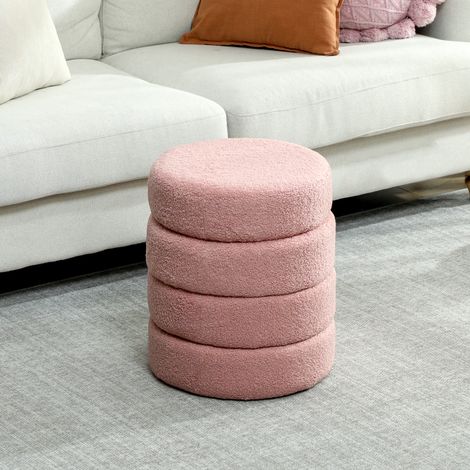 Repose-Pied Salon, Tabouret Ottoman Rond Peluche Teddy, Chambre Entrée, Ø40x45 cm, Rose (1/5)