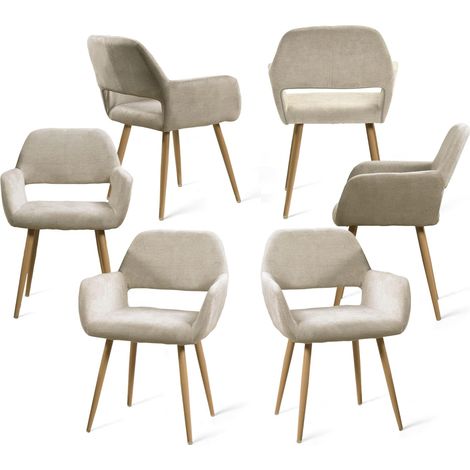 Meuble Lot de 6 Chaises de Salle à Manger Fauteuil Assise rembourrée en Tissu Pieds en métal Imitation Bois pour Cuisine Salon Chambre Bureau, Beige, Acier allié, 56x56x78cm (1/5)