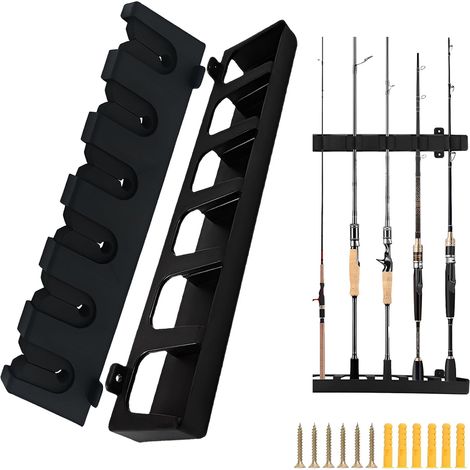 Wandmontierter Angelrutenhalter, schwarz, ABS, kompatibel mit verschiedenen Modellen (bis zu 6 Ruten), Wandmontage, Angelrutenzubehör, geeignet für Garage und Boot. (1/5)