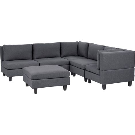 Modular Sofa with Ottoman Dark Grey Fabric Upholstered 5 Seater with Ottoman Cushioned Backrest Modern Living Room Couch UNSTAD