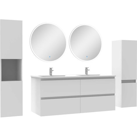 Ensemble meubles Salle de Bain 120cm vasque + colonne + miroir rond mural Blanc