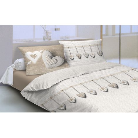 Copripiumino parure sacco e federa cuori 100% cotone singolo matrimoniale Beige - 2 Piazze