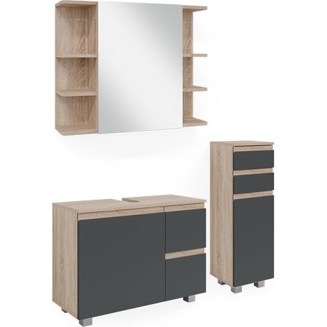 Set mobili bagno J-Shape, Sonoma, 3 parti, con armadio midi, Vicco