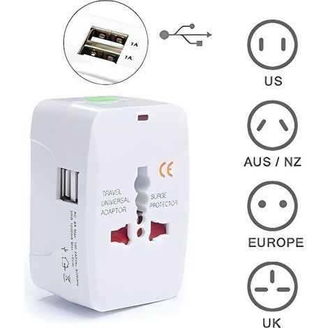 Adaptateur de Voyage International Prise Universel avec 2 ports USB (1A) Secteur 220V / 110V AU US EU (1/4)