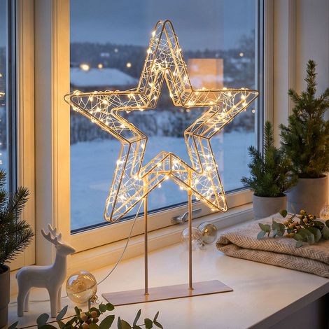ECD Germany Estrella de luces de navidad LED guirnalda decorativa 48,5 cm lámpara con soporte para interior y exterior, adorno luminoso de metal 300 LEDs blanco cálido parpadeantes y temporizador (1/5)