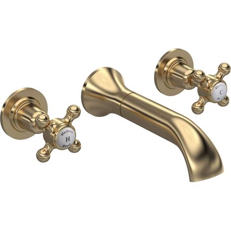 Hudson Reed White Topaz Wall Mounted Crosshead 3-Hole Basin Mixer Tap - Brushed Brass (1/2)