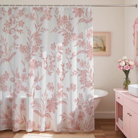 Cortina de ducha con estampado floral y 12 ganchos, diseño floral rosa, ideal para la decoración del baño en primavera, tejido impermeable. (1/5)
