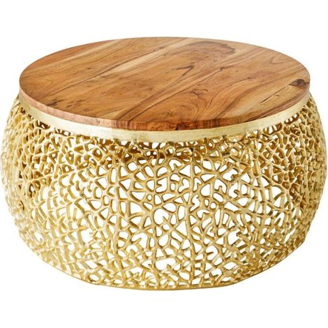 Runder Couchtisch METRIX 72 cm in Gold mit Akazienholzplatte – Design-Couchtisch aus Aluminium und Massivholz