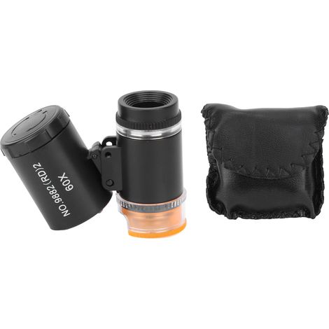 Loupe de poche 60X avec LED, microscope miniature noir pour inspection de bijoux, détection de billets, grossissement portable. (1/5)
