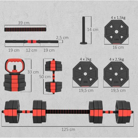 Kit de mancuernas ajustables 4 en 1, barra larga, kettlebell y soporte de flexiones, rojo HAVRYA (1/4)