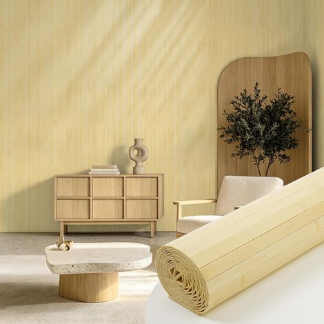 Lot de 4 Panneau Mural en Bambou Naturel (40 x 240cm), Revêtement Mural Flexible pour Décoration Intérieure, Tasseaux Bois pour Îlot de Cuisine, Salon (1/5)