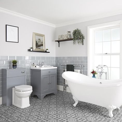 Milano Thornton Light Grey Bathroom Suite with Freestanding Double Ended Slipper Bath and Feet 630mm Vanity Unit and Back to Wall Toilet WC Unit - White Ball & Claw Feet (1/5)