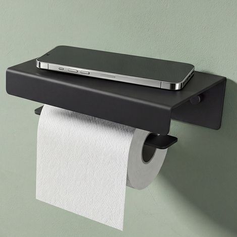 Mai & Mai Porta Carta Igienica con Mensola, Portarotolo Carta Igienica Moderna in Lega di Alluminio, Montaggio a Parete, Accessori Bagno, Nero Sabbia, Lino-05