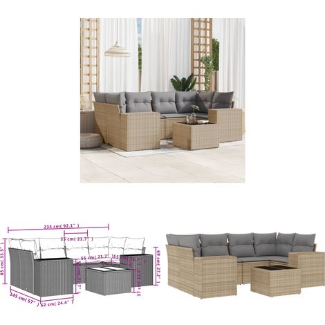 7-tlg. Garten-Sofagarnitur mit Kissen Beige Poly Rattan - Gartenmöbel Set - PE-Rattan Möbel - Outdoor Lounge - Esstisch Set - Gartenlounge - Home & Living (1/3)