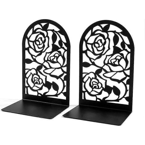 Serre-livres originaux en métal, butée de livre, presse-livres pour étagère - 1 paire de serre-livres noirs en forme de bloc, pour bureau, maison ou école (Roses) (1/4)
