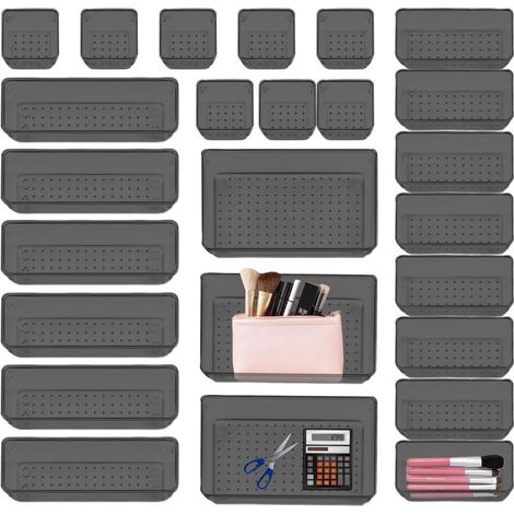 Ensemble d'organiseurs de tiroir Plateaux rangement pour cuisine, organiseurs tiroir, bacs rangement, organisateur d'outils antidérapants ustensiles gadgets, Noir - (1/5)