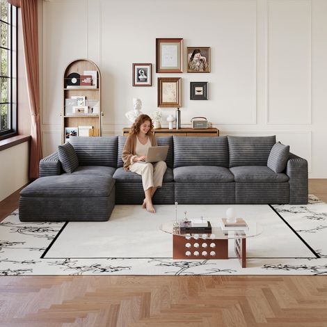 Canapé Cloud de 340 cm en velours côtelé, conception à double couche, housse amovible, livré monté – idéal pour salon, chambre, salle de conférence et appartement, coloris gris foncé. (1/5)