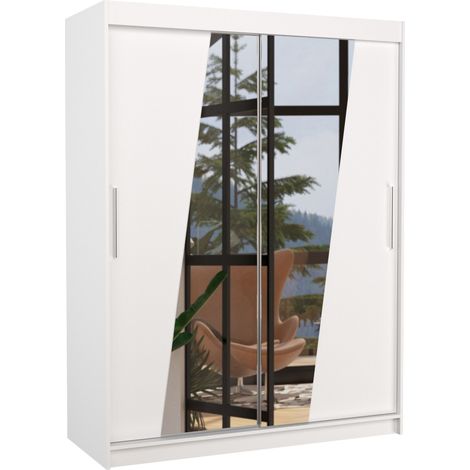 Les Tendances – Armoire de chambre 2 portes coulissantes en bois blanc avec miroirs – Largeur 150cm – Hauteur 200cm – Profondeur 58cm – Montage facile (1/5)