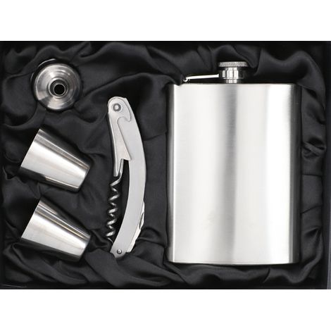 Elegantes Geschenkset: Silberner Flachmann mit Brille und Accessoires