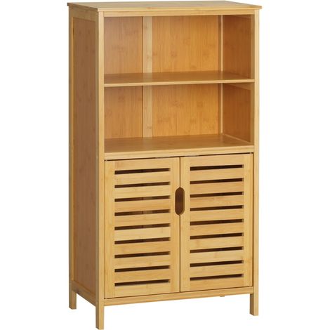 Meuble de rangement de salle de bain-Meuble bas en bambou-Portes à lamelles-Anti-basculement-Style campagne-50x29x92cm (1/5)