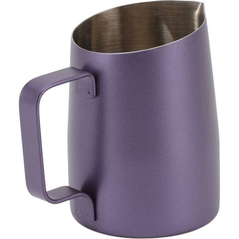 Mousseur à lait professionnel en acier inoxydable, 450 ml, violet, avec bec verseur fin. Idéal pour les cafés. (1/5)