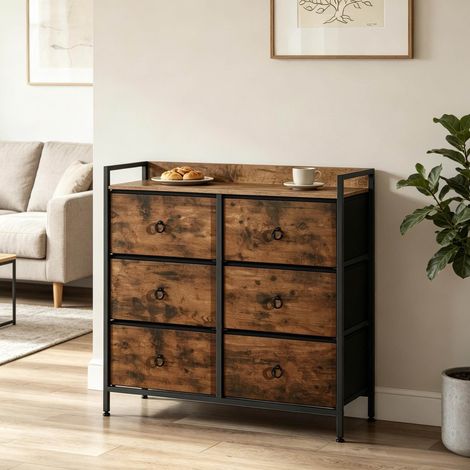 Cassettiera con 6 cassetti in legno ingegnerizzato, metallo e tessuto, 80x29x78 cm (1/5)