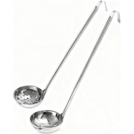 Juego de dos piezas: cucharón de sopa y colador de acero inoxidable con gancho (se puede colgar en el borde de la olla), Dimensiones: 25 cm (1/5)