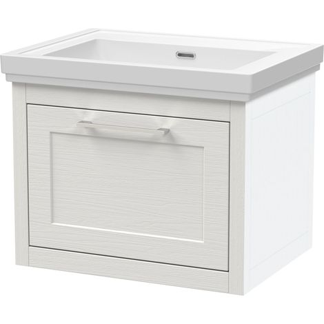 Blithbury Traditional Bathroom Wall Hung 1 Drawer Vanity Unit and 0 Tap Hole Fireclay Basin, 600mm, Woodgrain White