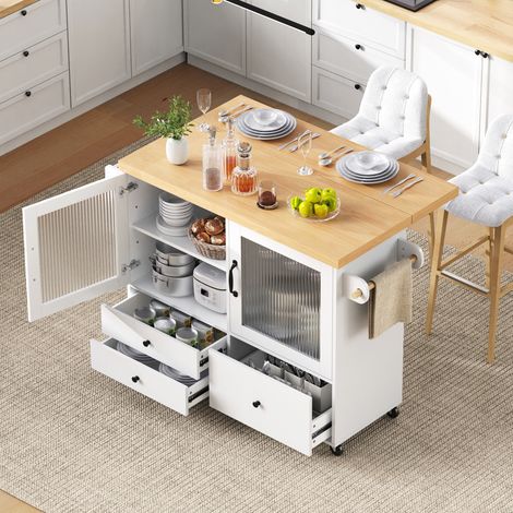 Un îlot de cuisine mobile sur roulettes avec table à manger rétractable, un chariot de cuisine avec porte-verres à vin et espace de rangement. (1/5)