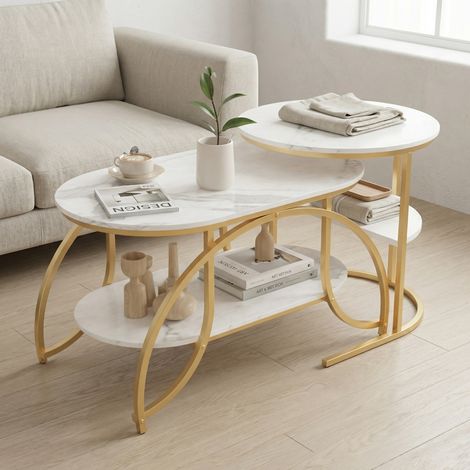 Set di 2 Tavolini da Salotto, Tavolini sovrapponibili 80cm e 52cm, Tavolo da caffè a 2 ripiani effetto marmo, Struttura in metallo, Stile moderno, Oro