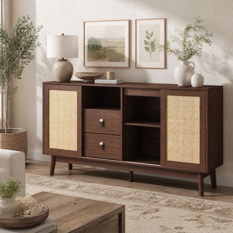 MEUBLIV Buffet 155x38x80 cm bois foncé – 3 portes coulissantes en rotin, 2 tiroirs (1/5)