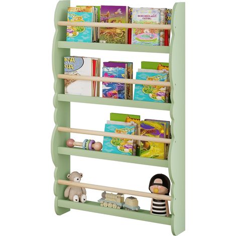 WOLTU Wall White Wood 4 Tiers Kids Storage Shelving Bookcase Rack Green (1/5)