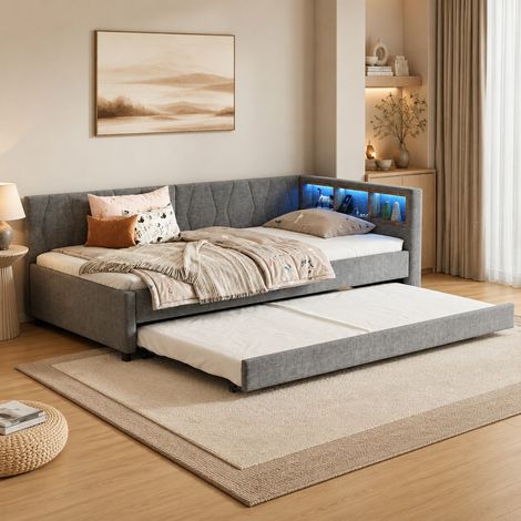 DESMIU Lit banquette 90 × 200 cm 1 place avec rangements, USB, Type-C et bande LED, sans matelas, gris (1/5)