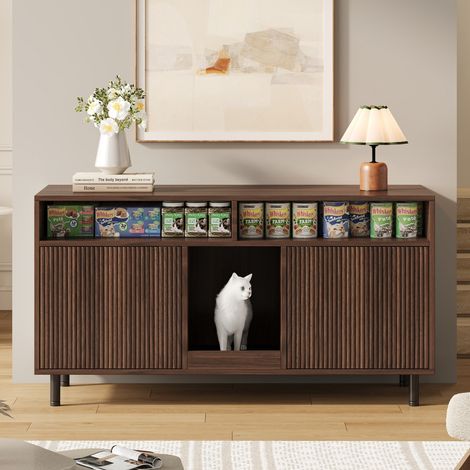 Mobile lettiera per gatti con tappeto anti-proiezione, 120 x 50 x 66 cm, noce DESVIAE (1/5)