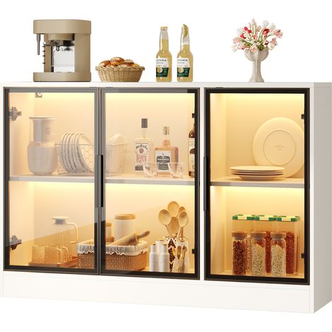 Vitrine en verre 120x30x73 cm – Blanche, portes en verre fumé, éclairage LED intégré, meuble polyvalent en buffet, vaisselier ou crédence, armoire de rangement (1/5)