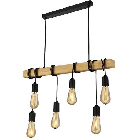 Lampadario a sospensione industriale 6 portalampade E27, barra in legno e metallo nero, design vintage regolabile per cucina, sala da pranzo e soggiorno