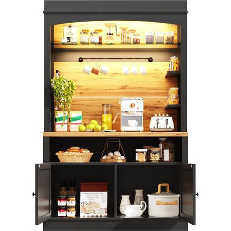 Buffet de Cuisine,Armoire haute Cuisine 184cm avec Eclairage LED RGB App,Étagères verre & Rangement fermé & 6 crochets,Noir (1/5)