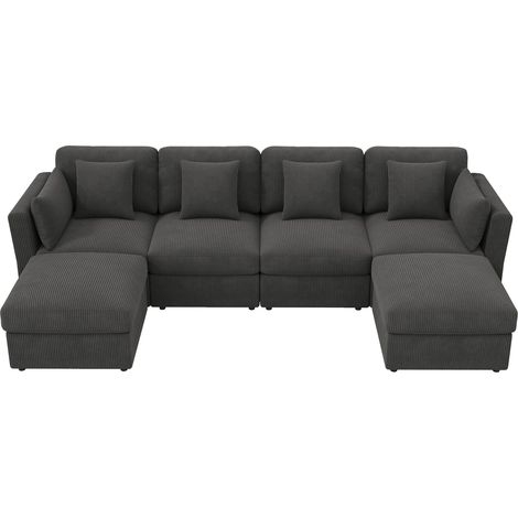 Divano Angolare Modulare 4-6 Posti con Braccioli Regolabili e Pouf Mobili, Corduroy, Grigio (1/5)