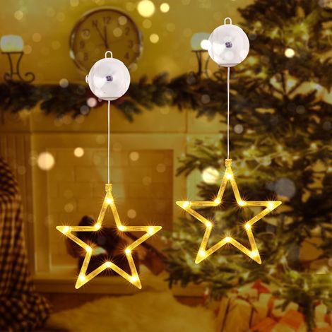 LED Sterne Weihnachtsbeleuchtung, 10 LED Lichtervorhang Warmweiß Batteriebetriebene mit Saugnäpfe, Timer, Fenster Lichterkette Innen für Weihnachten Deko, Balkon, Party, Hochzeit (2 Stück) (1/5)