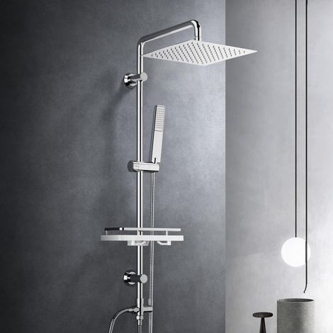 Colonne de douche sans robinetterie, acier inoxydable système de douche avec barre de douche réglable hauteur, pommeau pluie 25x25 cm et étagère, Chromée (1/5)