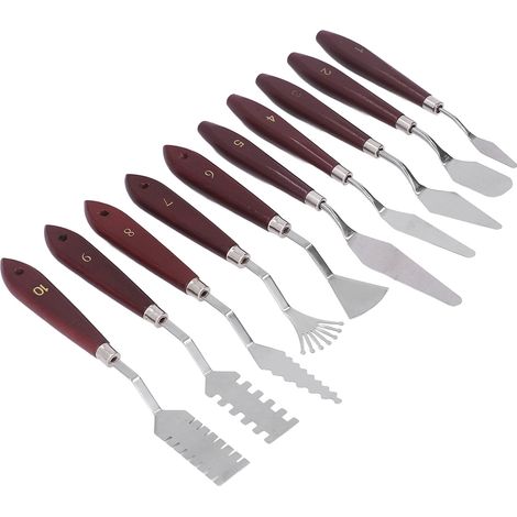 Jeu de 10 couteaux à peindre en acier inoxydable avec manche en bois, spatules et couteaux à palette pour peinture à l'huile (1/5)