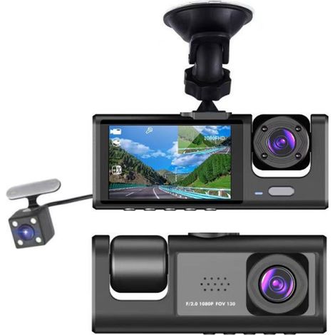Cámara de salpicadero DVR 1080p con cámaras frontal, interior y trasera, pantalla de 2 pulgadas, visión nocturna, grabación en bucle, bloqueo fácil y versión Wi-Fi.