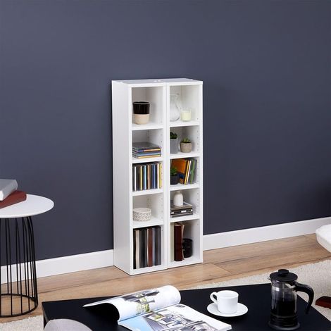 Etagères modulables pour CD, DVD et Livres, Lot de 2 Meubles de Rangement en Colonne, 10 Compartiments, Design Moderne, Pratique, mélaminé Blanc Mat (1/5)