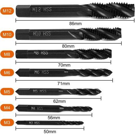 Jeu de 7 tarauds hélicoïdaux nitrurés, taraud à queue conique HSS 6542 pour filetage métrique, outil de taraudage pour machines à bois M3 M4 M5 M6 M8 M10 M12 (1/4)
