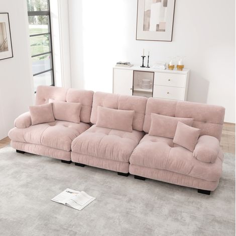 Sofá modular de 3 plazas de chenilla, asiento profundo, espuma y fibras, rosa DESVIAE (1/5)