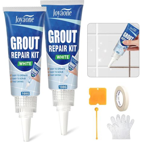 Lot de 2 kits de réparation de joints blancs pour carrelage - Adoucisseur de joints à séchage rapide - Pour salle de bain, douche, carrelage de cuisine et mur (100 g × 2) (1/5)