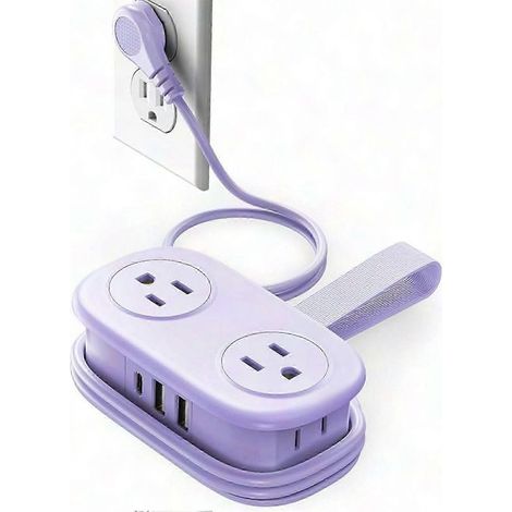 Multiprise de voyage de 1,2 m : fiche plate à 45 degrés, 4 prises secteur, 2 ports USB-A et 1 port Type-C, avec protection contre les surtensions, violette. (1/4)